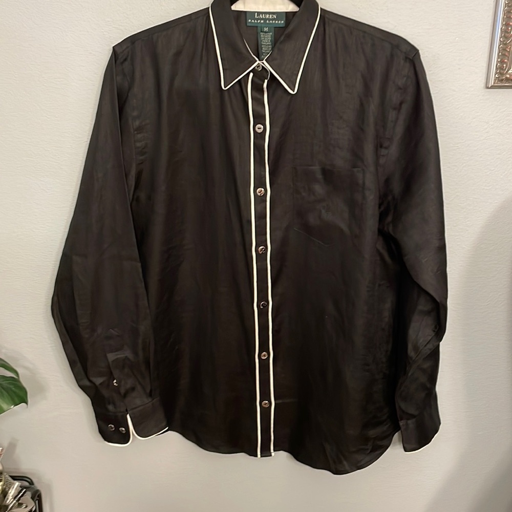 Lauren Ralph Lauren Crisp Black Linen White Trim Button Up Shirt with logo